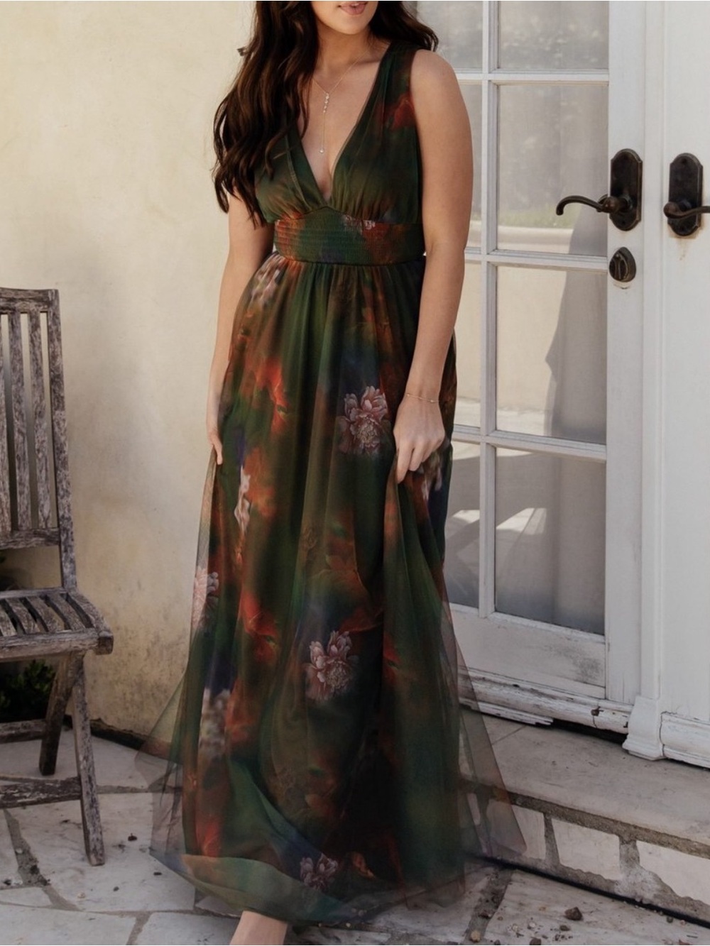 Baltic Born Olive Green Tulle Floral Maxi Dress